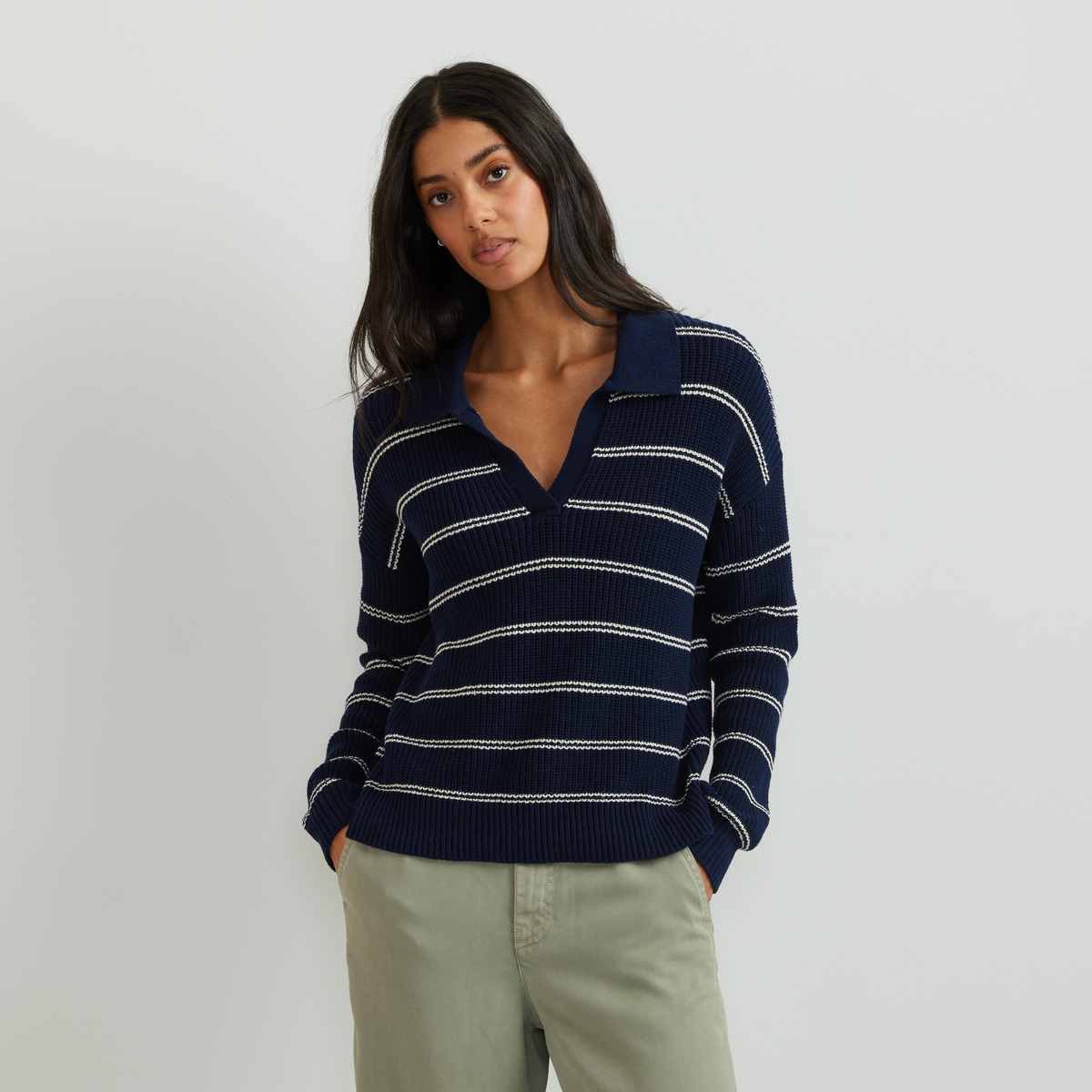 Women's Johnny Collar Striped Sweater