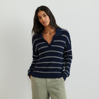 Women's Johnny Collar Striped Sweater