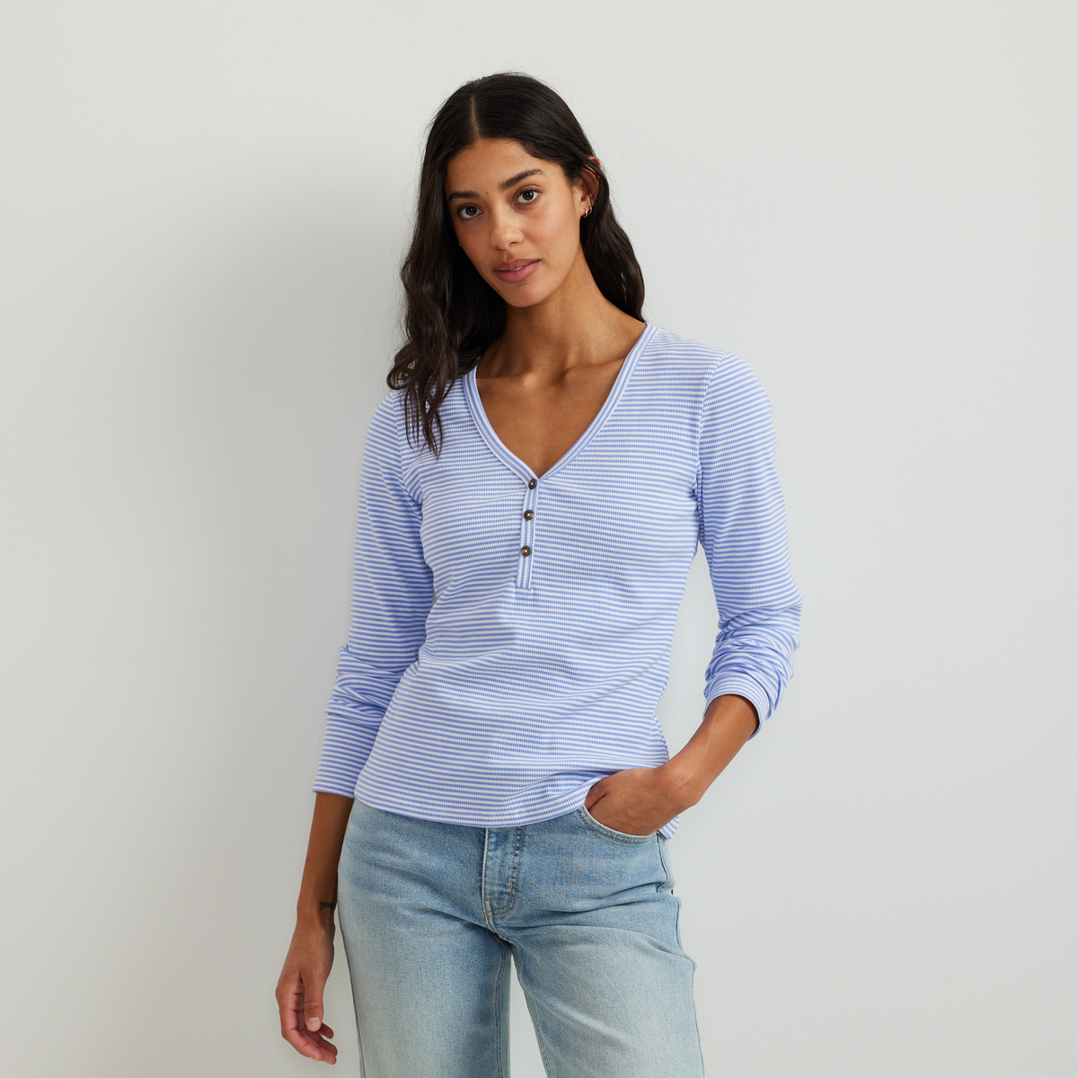Women's Long-Sleeve Ribbed Henley T-Shirt - Stripe